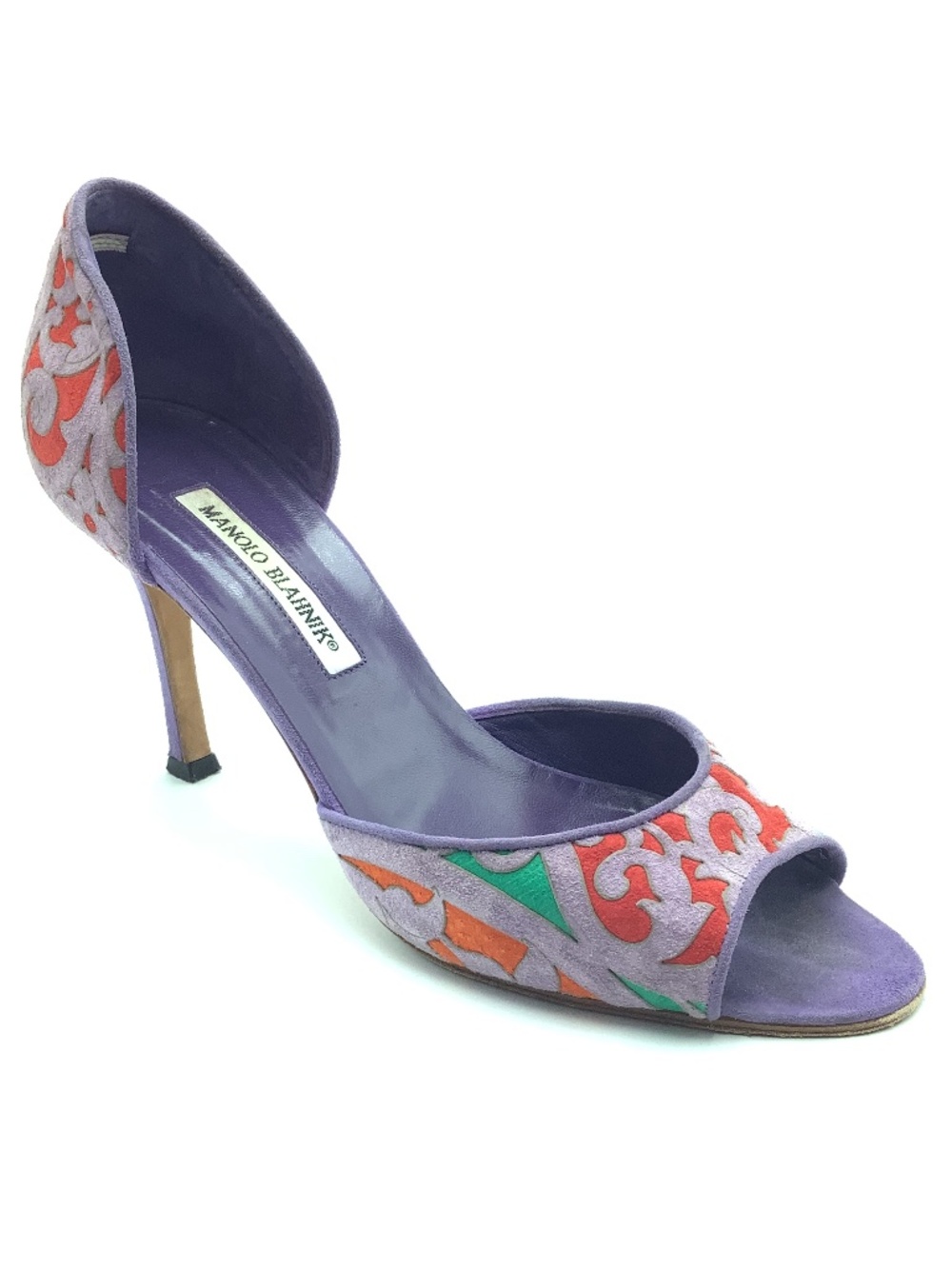 Manolo Blahnik Open Toe Suede Printed D'orsey Pumps Size: 7.5 / 38